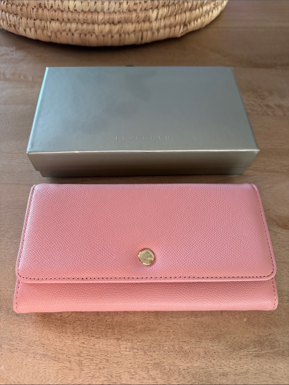 Levenger Pink Pebbled Leather Snap Wallet